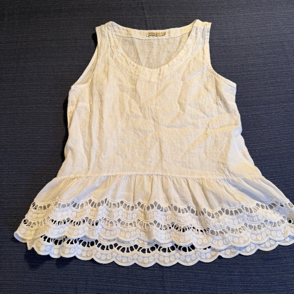 Valentina Naldi White Linen Eyelet Lace Scalloped Hem Tank Top Made in Italy L